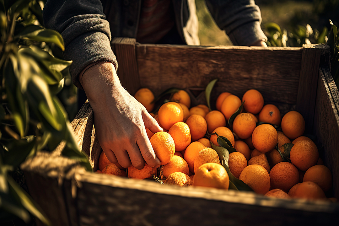 hands of person gardener harvest ripe oranges in garden in summer. Generative AI illustration